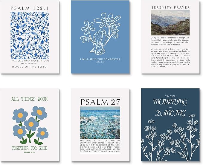 Habseligkeit Blue Flower Wall Art Prints, Retro Wall Decors for Room Aesthtic, Abstract Posters for Girls Bedroom Decor Aesthetic Unframed, 8X10in, Set of 6