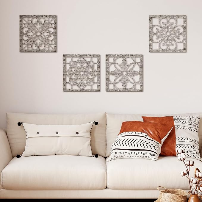 Yulejo 4 Pieces Thicken Rustic Wall Decor Farmhouse Wall Art Decor Wooden Hollow Carved Design Rustic Hanging Decoration for Living Room Bedroom Hallway Office Kitchen Decoration