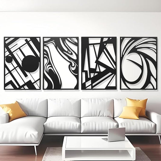 AMAATE Black Metal Wall Art, 4 Pieces Abstract Modern Line Art Sculpture, Hollowed Out Geometric & Fluid Metal Wall Hanging Decor for Living Room Bedroom Office 14.6" X 22.5" in