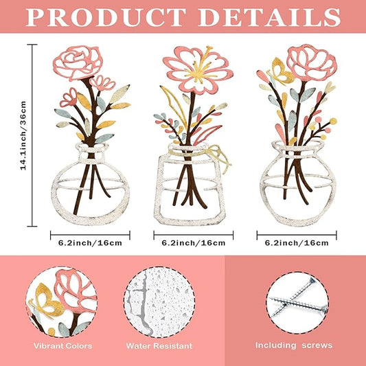 ARTINME 3 Pieces Metal Flowers Wall Arts - Rustic Farmhouse Decor Minimalist Flower Wall Decors for Living Room Bathroom Kitchen Bedroom Dining Room - Housewarming Gifts (Beige)