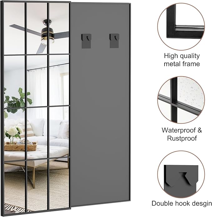 Mirror Full Length, 65"x22" Large Rectangular Mirrors, Black Window Pane Wall Body Mirror with Aluminum Frame, Farmhouse Standing Mirrors Hanging or Leaning for Living Room,No Stand