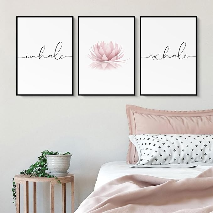 Pennclys Inhale Exhale Wall Art Zen Canvas Decor Yoga Lotus Wall Art Calming Meditation Artwork Pink Yoga Poster Zen Pictures Painting for Living Room Bedroom 16x24 Inch Framed Set of 3