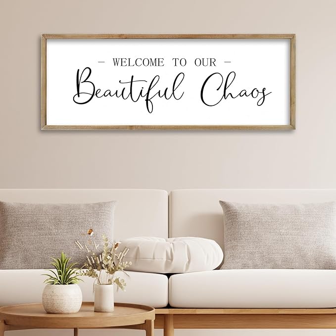 FZMHASLWW Welcome To Our Beautiful Chaos Sign Wall Decor 32"×12" Family Wooden Plaque for Living Room Entryway Hanging Wall Art (Wood)