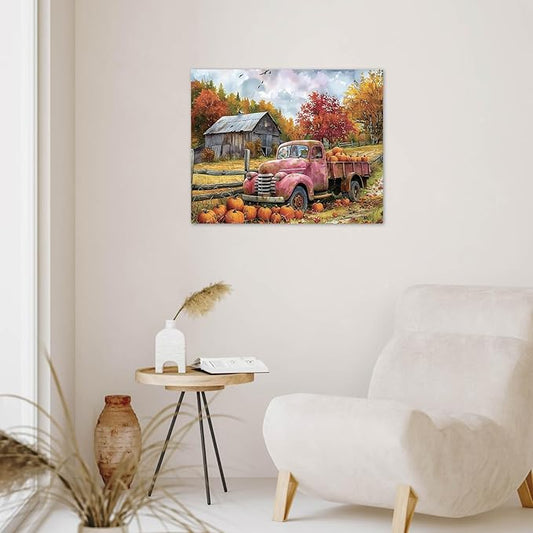 LB Fall Pumpkin Truck Wall Art Vintage Red Truck with Autumn Pumpkins in Farm Canvas Wall Art Farmhouse Harvest Wall Art Decor for Living Room Bedroom Bathroom Office Framed Ready to Hang 8L x 10W