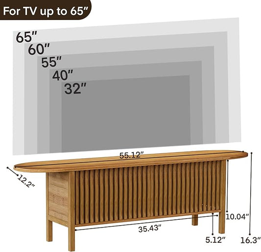 Bamboo TV Stand for TVs up to 65", Accent Entertainment Center with Storage, Media Console Table with Fence Door, Modern TV Stand for Living Room, Bedroom, 55"(L), Walnut