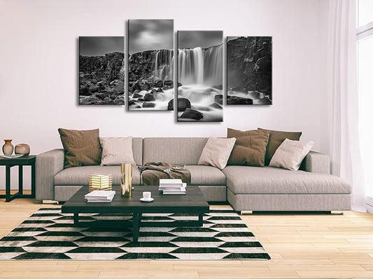 Pyradecor Waterfall Giclee Canvas Prints Wall Art Paintings for Home Decorations - Black and White Rocky Large 4 Piece Modern Gallery Wrapped Grace Seascape Sea Beach Pictures Artwork Ready to Hang L