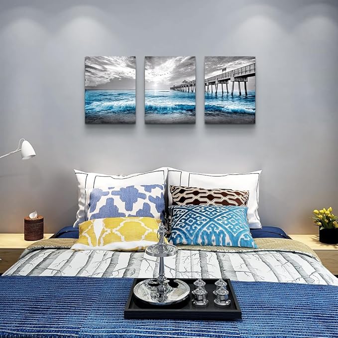 DZRWUBHS Wall Decorations For Living Room 3 Piece Framed Canvas Art Bedroom Office Decor Black And White Paintings Blue Ocean Sea Wave Pictures Artwork Modern Posters Prints Home