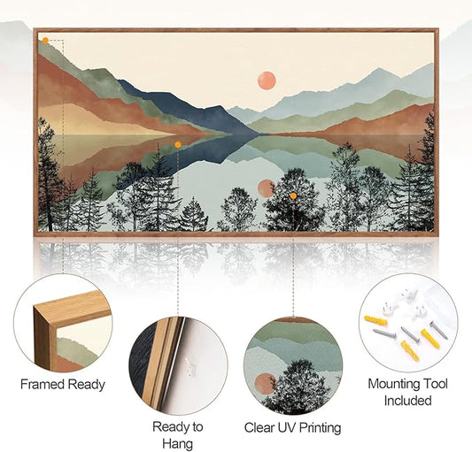 CHDITB Mountain Sun Forest Framed Art Prints(40"x20"), Boho Watercolor Nature Landscape Canvas Artwork Painting, Abstract Foggy National Park Scenery Poster Decor for Living Room Bedroom
