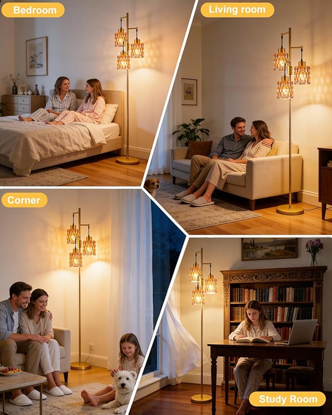 3-Light Modern Glass Floor Lamp, Gold Standing Tall Lamp with Amber Cylinder Glass Shade for Reading, Dimmable LED Floor Lamp with 5Lbs Heavy Base for Living Room Bedroom Home Decor, Bulb Included