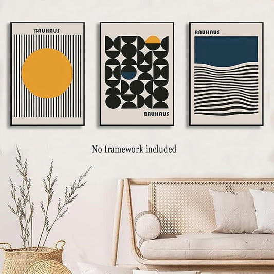 3Pcs Bauhaus Style Wall Art Bohemian Abstract Wall Decor Minimalist Canvas Mid Century Moderngeometry Poster Prints Painting Picture Suitable for Living Room Bedroom (12x16 unframed)