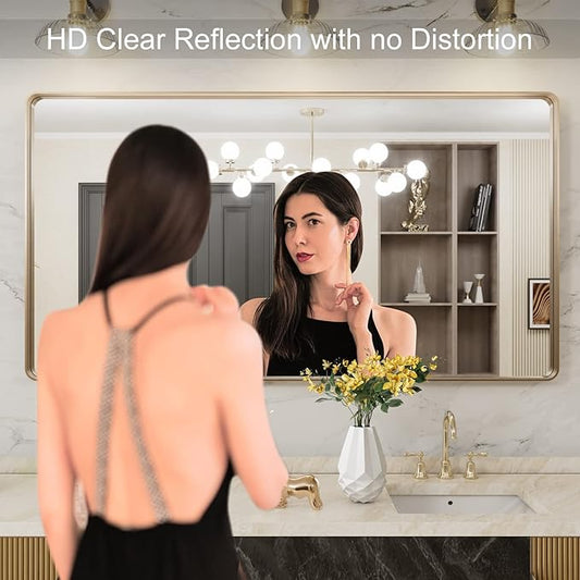 LOAAO 50βX30β Gold Bathroom Mirror, Rounded Rectangle Gold Frame Mirror, Brushed Gold Bathroom Vanity Mirror Wall-Mounted, Anti-Rust, Tempered Glass, Hangs Horizontally or Vertically