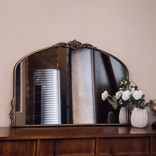Vintage Gold Wall Mirror - 36x24 Inch, Baroque Arched Design, Ornate Crown Metal Frame, Distressed Gold Finish, Large Antique Decorative Mirror for Fireplace Mantle, Living Room, Bathroom, Entryway