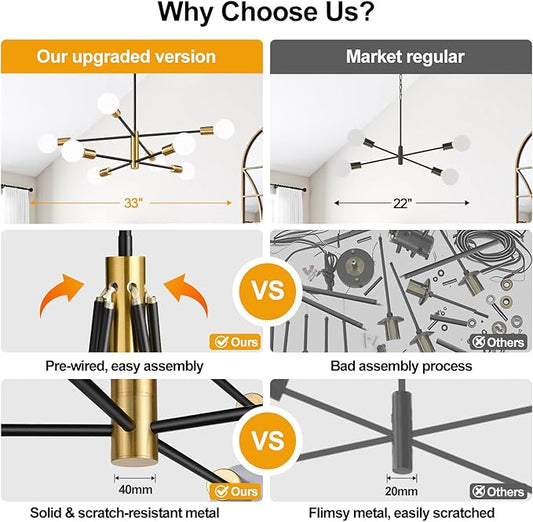 10.9"-52.3" Height Adjustable Sputnik Chandeliers Dining Room Light Fixture (8-Light, 30-Inch), Modern Brushed Gold and Black Chandelier, Mid Century Modern Chandeliers for Dining Room Living Room