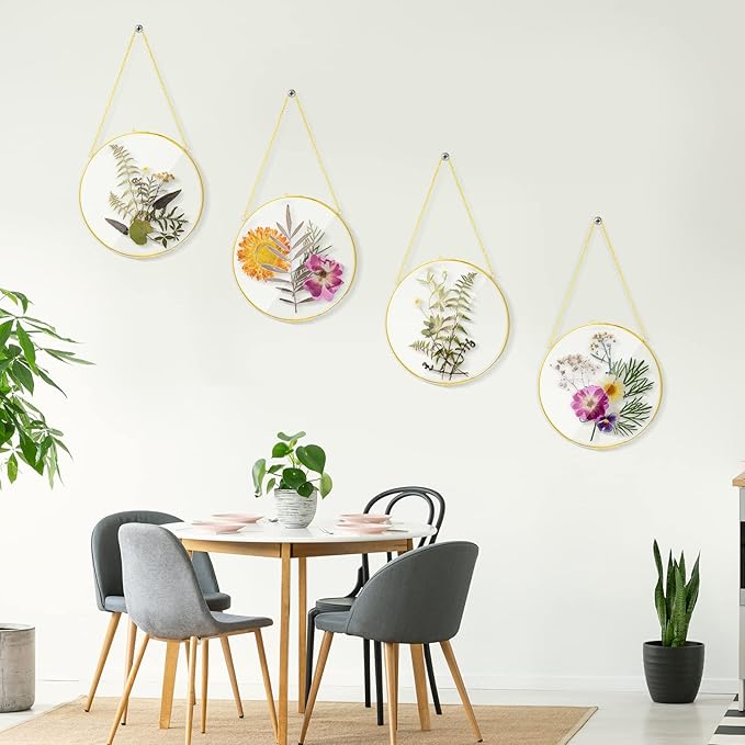 Qunclay 4 Pcs Double Glass Frame for Pressed Flowers Round Hanging Herbarium Floating Flower Press Frame Clear DIY Vintage Artwork Display holder