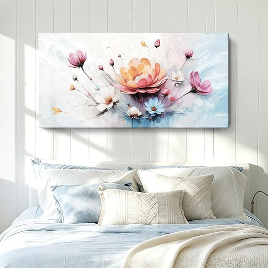 Extra Large Floral Living Room Wall Art (Orange, Pink, & Blue) — Abstract, Colorful Botanical Canvas Print. A Modern, Aesthetically Pleasing Nature-Inspired Wall Decoration, Suitable For Bedrooms, Entryways, Dining Rooms, Balconies, And More. Dimension...