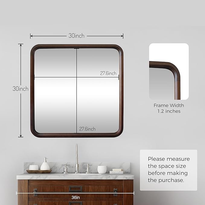 Wood Bathroom Mirror for Wall,Rectangle 30 x 30 inch Hanging Vanity Brown Tempered Mirrors with Rounded Corner for Living Room,Bedroom,Entryway