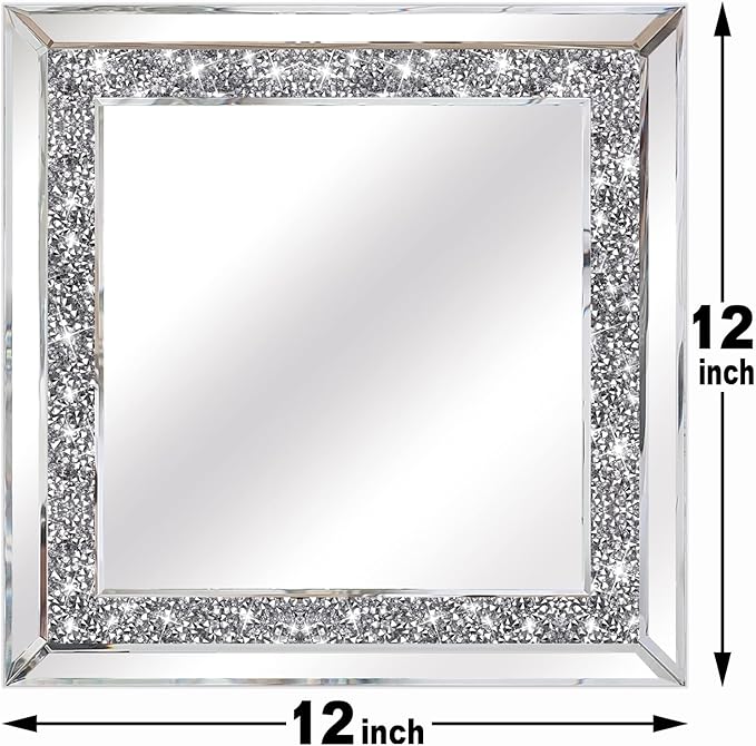 ZOLAPI 2PCS Crystal Rhinestone Diamond Wall Mirror.Brilliant Hand-Spliced Glass Mirror.Accent Decorative Mirror for Hallway/Bathroom/Bedroom(12”x12”)