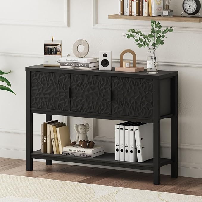 FATORRI Black Console Table with Storage, 47” Modern Farmhouse Entryway Table with 3 Doors, Sofa Table for Hallway, Living Room, Foyer
