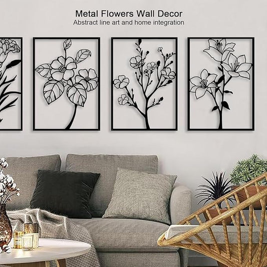 ZNZAPO 4 Pcs Large Black Metal Flower Wall Art, Abstract Line Art Wall Decor, Minimalist Floral Wall Hanging Art, 3d Wall Art Sculptures Decor for Living Room Bedroom Bathroom (15.7 × 22.5”)