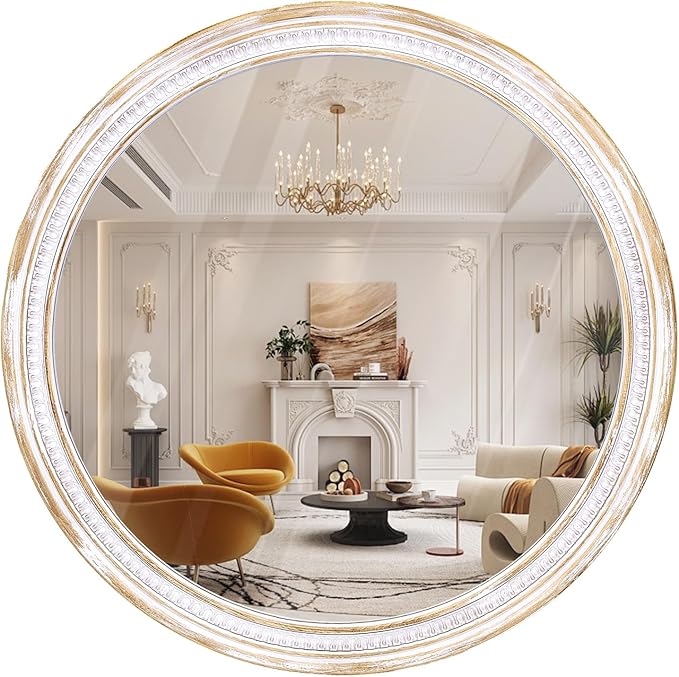 HOITUZYUS Farmhouse Round Wood Mirror 30 Inch, Rustic Boho Circle Decorative Mirrors for Bathroom, Living Room, Entryway, Bedroom, Hallway