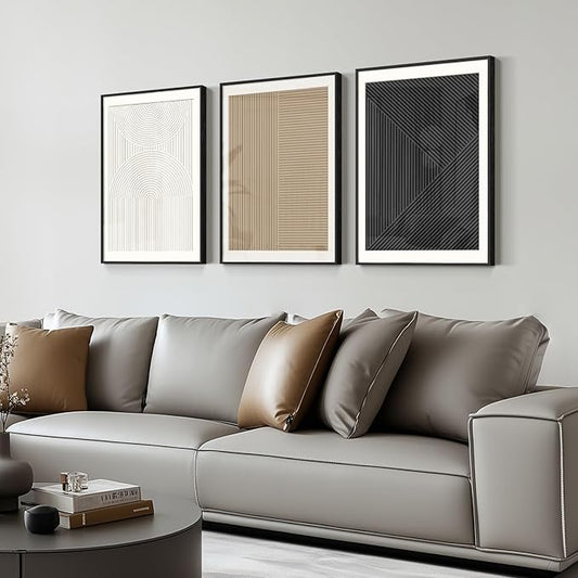 Framed Black and White Abstract Wall Art Bedroom, 3 Piece Neutral Modern Minimalist Canvas Artwork for Walls, Geometric Boho Pictures Prints for Living Room Dining Room Hallway Wall Decor, 16x24 Inch