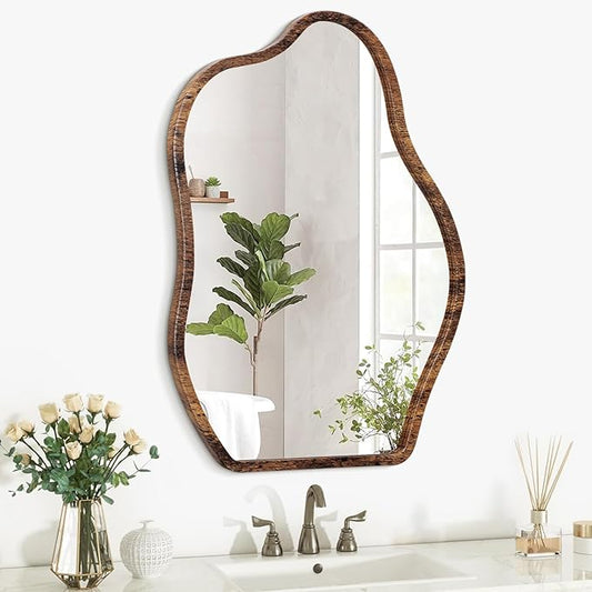 Irregular Mirror Wood Frame Modern Cloud Mirror Wall Unique Shape Asymmetrical Wall Vanity Artistic Mirrors Decor for Bedroom Living Room Bathroom Entryway Hallway Brown Large