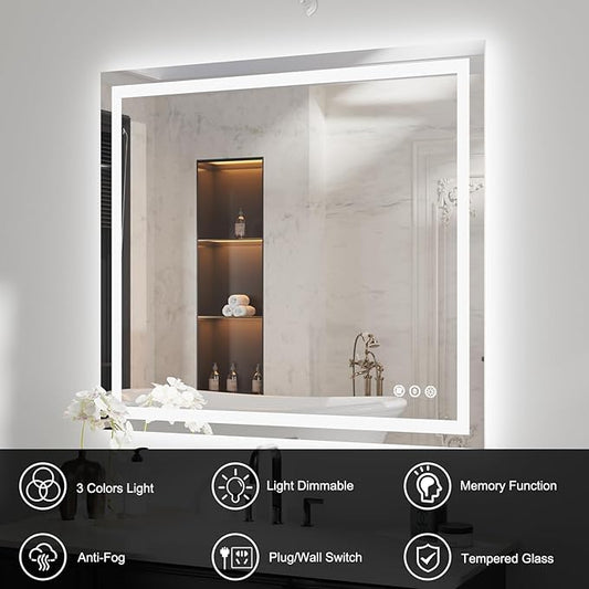 WTTY LED Bathroom Mirror 40"x36" with Back and Front Light,Modern LED Mirror for Bathroom,Stepless Dimmable Lighted Bathroom Vanity Mirror with Anti-Fog,Memory Function,Shatter-Proof