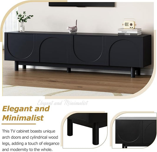 Merax Graceful TV Stand with Arch Cabinets for Televisions Up to 78'', Minimalist Entertainment Center with Solid Wood Legs and Adjustable Shelves, Practical Media Console for Living Room, Black