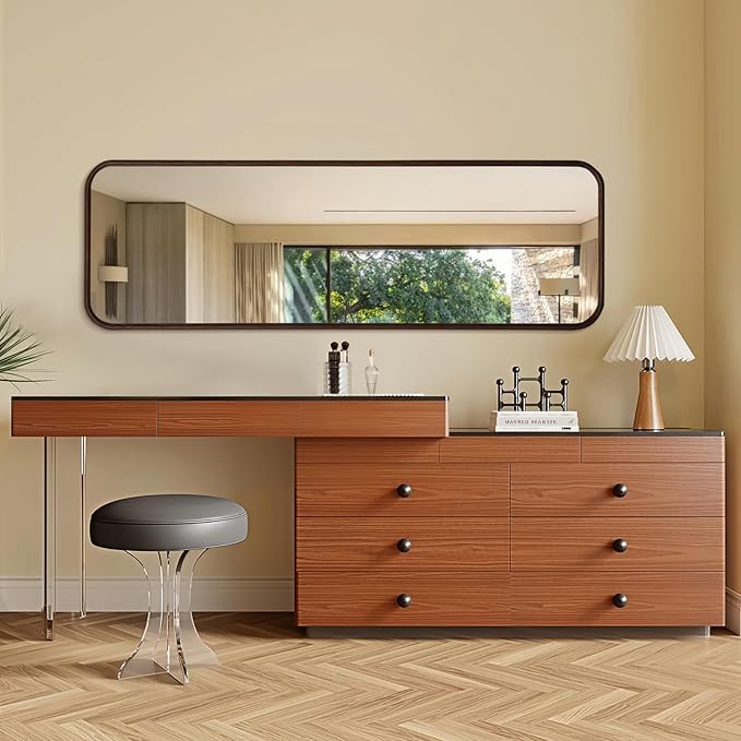 Niccy 63"×20" Wood Frame Rect Full Length Mirror, HD Long Wall-Mounted Mirrors, Large Body Hanging Mirrors for Living Room, Explosion-Proof Decorative Vanity Mirrors for Entryway, Bedroom, Red Walnut
