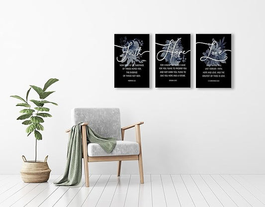 Faith, Hope & Love Bible Verse Inspirational Wall Art, Christian Canvas Wall Art, A Great Christian Religious Decor Gift for Living Room Christian Bedroom,(38 x 58cm x 3pcs) Framed (black)