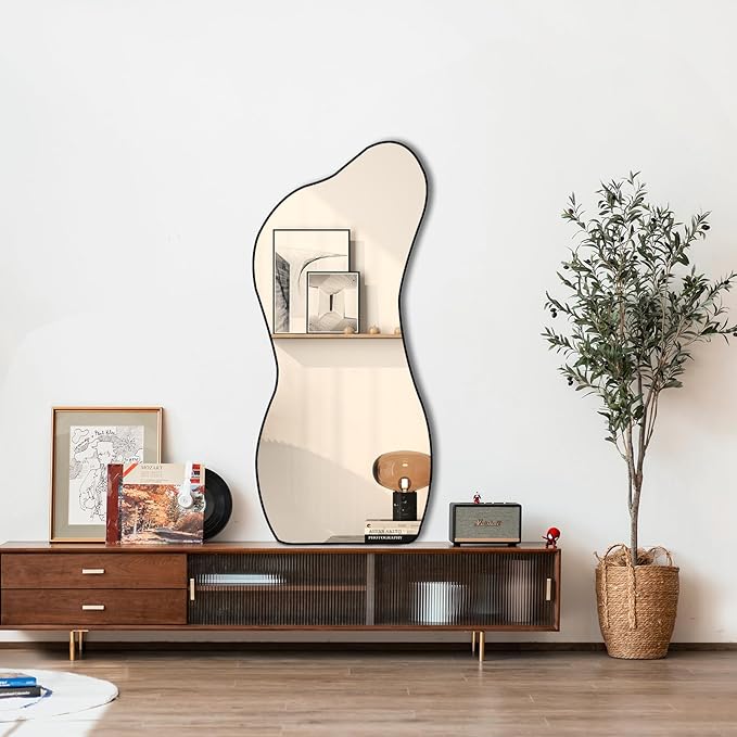 POZINO Irregular Wall Mirror, 47.2"x22" Asymmetrical Mirror, Modern Odd Shaped Frameless Decorative Mirror for Living Room Bedroom Entryway Hallway, Horizontal or Vertical Hanging