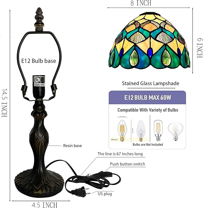 Tiffany Style Lamp Stained Glass Table Lamp 8" x 14.5" Mini Accent Light Blue Phoenix Tail Design Small Decorative Bedside Memory Lamp