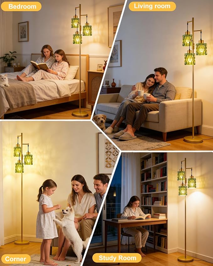 3-Light Modern Glass Floor Lamp, Gold Standing Tall Lamp with Green Cylinder Glass Shade for Reading, Dimmable LED Floor Lamp with 5Lbs Heavy Base for Living Room Bedroom Home Decor, Bulb Included
