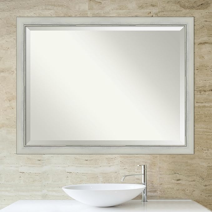 Amanti Art Silver Bathroom Mirror for Over Sink, 34x44 Flair Silver Patina Rectangle Vanity Mirror, X-Large Traditional Frame, Hangs Horizonally and Vertically, Bathroom Wall Decor, Beveled Edge