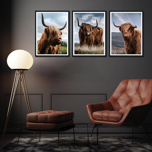 3 Pieces Farmhouse Animals Framed Canvas Wall Art Highland Cow Picture Wall Decor for Country House Modern Cow Portrait Print Artwork for Living Room Decoration Easy to Hand 16x24inchx3pcs