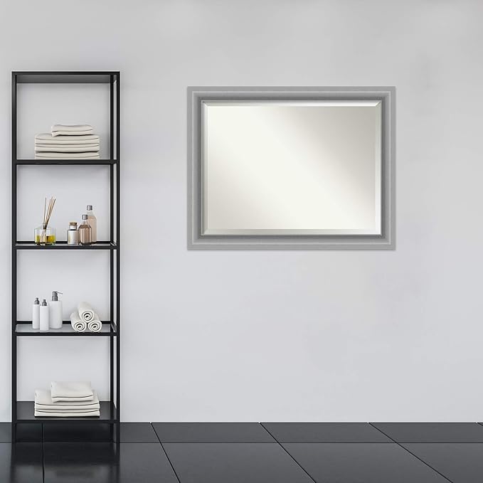 Amanti Art Silver Bathroom Mirror for Over Sink, 36x46 Peak Polished Nickel Rectangle Vanity Mirror, X-Large Traditional Frame, Hangs Horizonally and Vertically, Bathroom Wall Decor, Beveled Edge
