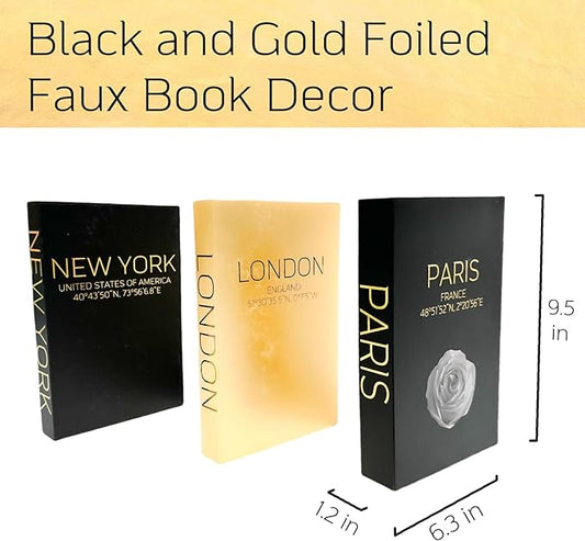 AZEZO Set of 3 Decorative Books for Home Decor – Decorative Hardcover Display Faux Books for Bookshelf and Coffee Table – Black and Gold Foiled – Paris London New York Themed