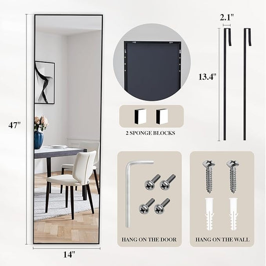 DUMOS 47x14 Full Length Mirror Over the Door, Wall Mounted Full Body Mirror, Door Hanging Metal Aluminum Alloy Frame Dressing Mirror for Bedroom, Living Room, Entryway, Black