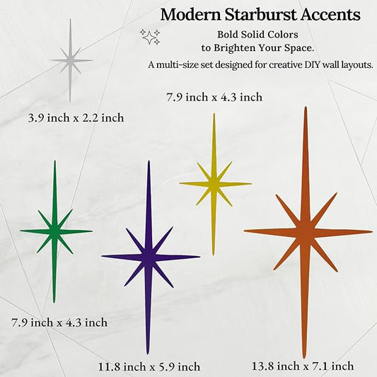 Merriva 5 Pack Colorful Metal Starburst Wall Decor, Mid Century Modern Retro Atomic Star Wall Art Sculptures, Whimsical Eclectic Home Decor for Living Room Bedroom and Playroom