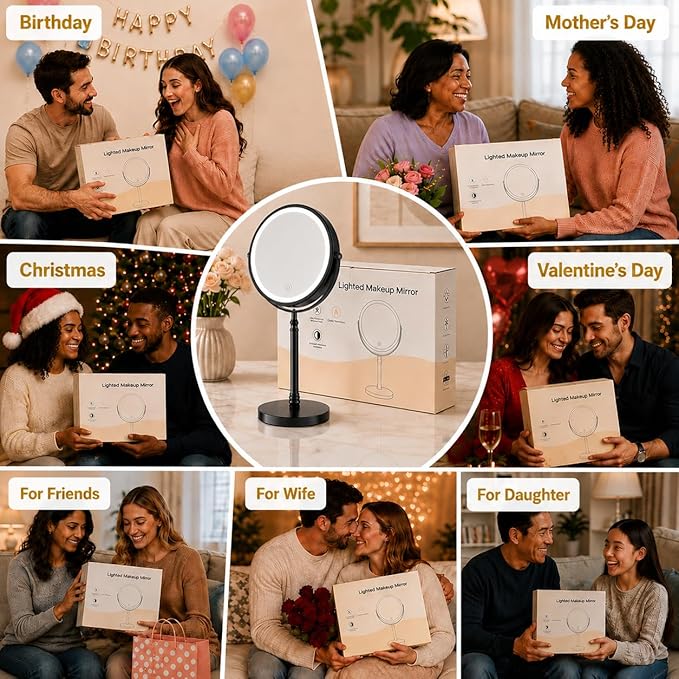DEIOVWXS Makeup Mirror, 3000mAh Rechargeable Double-Sided Magnifying Vanity Mirror with 3 Colors, 1X/10X, Adjustable Brightness, Gifts for Mom, Mothers Day, Women, Wife, Girls, Dorm Room Essential