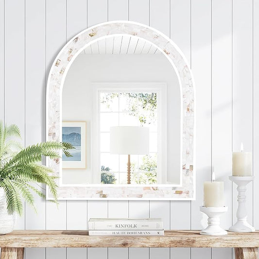 Tanmicoshomy White Arched Bathroom Mirror 30x36 Inch, Mosaic Design Natural Shell Inlay Bathroom Mirror with Tempered Glass for Bathroom Living Room Bedroom or Entryway