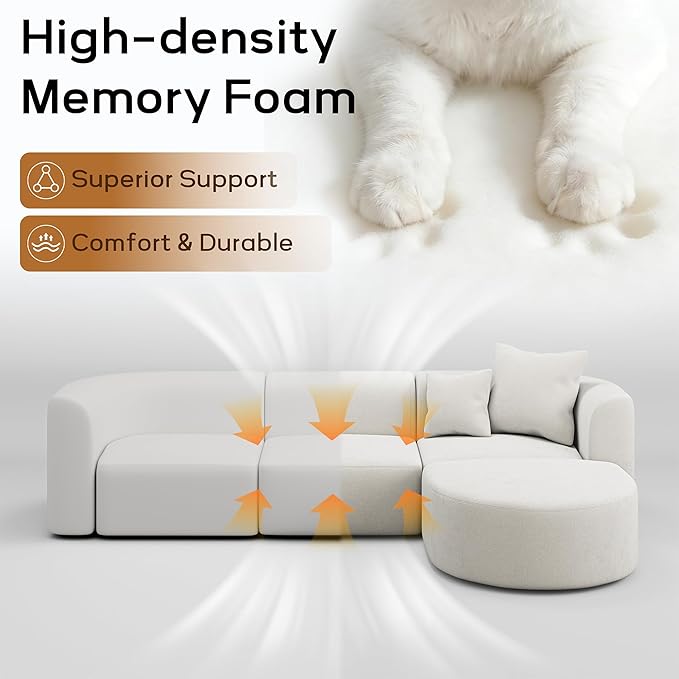 116" Modular Sectional Couches with Ottoman, Luxury Modern Curved Back Sofa, Minimalist Style Oversized 4 Seat Deep Comfy Convertible L Shape Boneless Couch for Living Room Studio Apartment, Beige