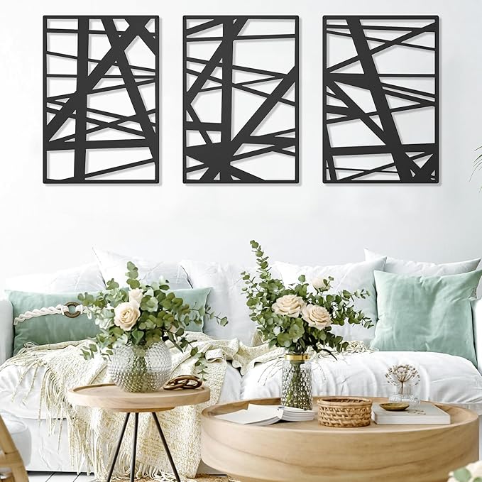 DAYSUP 3 Pieces Black Abstract Metal Wall Art, Minimalist Décor Single Line Art Wall Décor, 3D Textured Metal Wall Sculptures for Living Room Home Decor Bedroom Bathroom Study (16 × 11 inch)