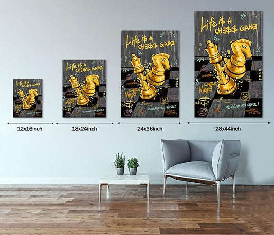Motivational Wall Art, Abstract Chess Painting Positive Canvas Print LIFE IS A CHESS GAME Quotes Wall Decor Inspirational Poster Black Gold Office Picture Artwork Modern Home Decoration,18"x24" Framed