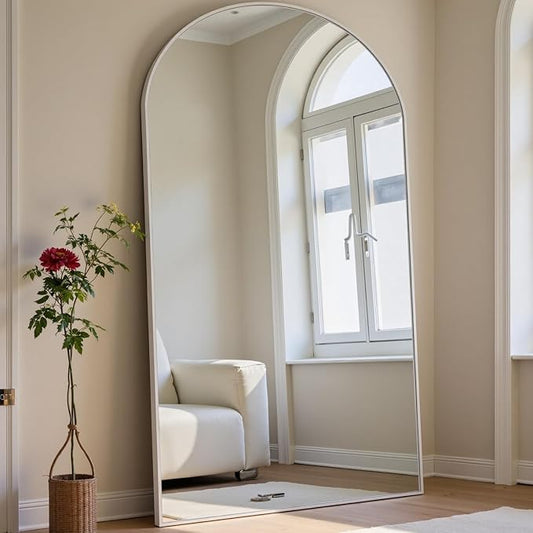 Dewfig Arched White Full Length Mirror, 71"X30" Large Floor Mirror, Full Body Mirrors for Leaning or Hanging, Standing Mirrors for Bedroom, Living Room,Dressing Room, Aluminum Alloy Frame, White