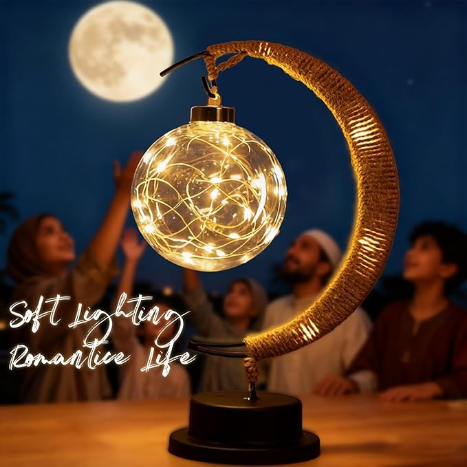 Moon Table Night Light with Hanging Star Ramadan Decorative Lamp Battery Operated Suitable for Home Bedroom Shop Dining Table Holiday Party Eid Festival Decoration (HEMPmoon-WW-Ball)