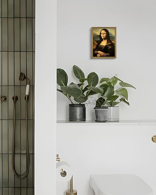 XYHYRA Funny Mona Lisa Bathroom Wall Art, Mona Lisa with Clothespin Nose Painting Print, Vintage Humorous Restroom Wall Decor Canvas Poster for Toilet Bathroom Home Decor 8x10 Inch Framed