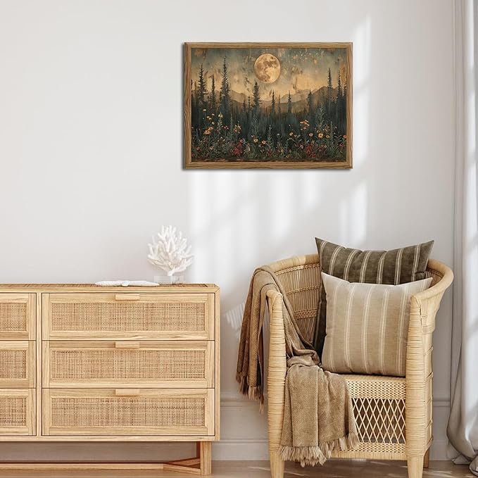 Vintage Nature Forest Wall Art Dark Moon Landscape Painting Wall Decor Woodland Picture Artwork 3D Textured Hand Drawn Sandstone for Farmhouse Bedroom Living Room 12x16 inch Wood Framed