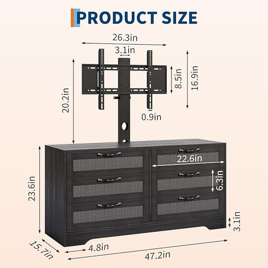 GarveeHome TV Stand with Mount for 32-85 Inch TVs - 47.2" Modern Entertainment Center with 6 Rattan Drawers, Media Console Table Storage for Living Room & Bedroom