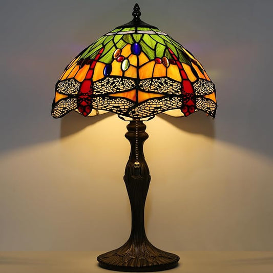 Tiffany Table Stained Glass Table Lamp 12 x 19” Bedside Reading Lamp Yellow Dragonfly Style Decorative Lamp for Desk Living Room Bedroom Office Study Light Decor Gift